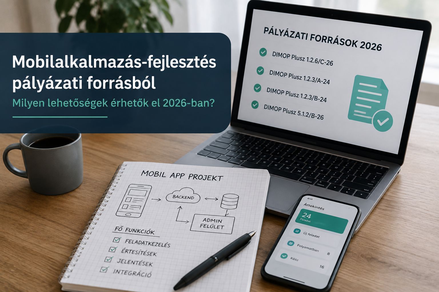 laptop, notesz, mobil telefon rajta pályázati tervezéssel
