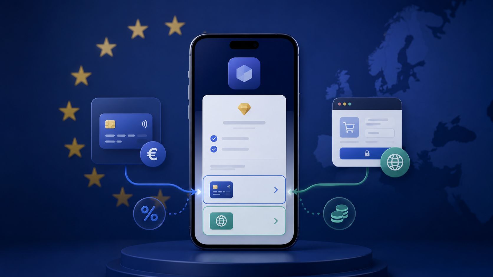 telefonon futó mobil alkalmazás, bankkártya, EU zászló a háttérben
