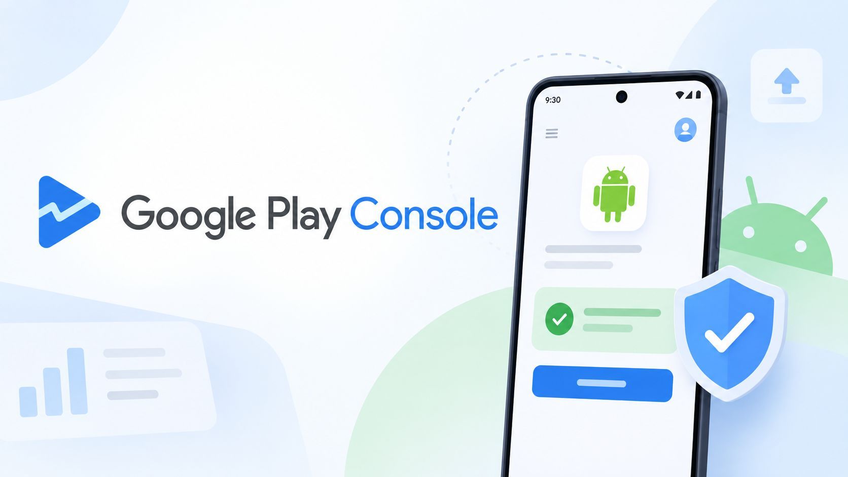 google play console logo, android logo, charts, phone screen
