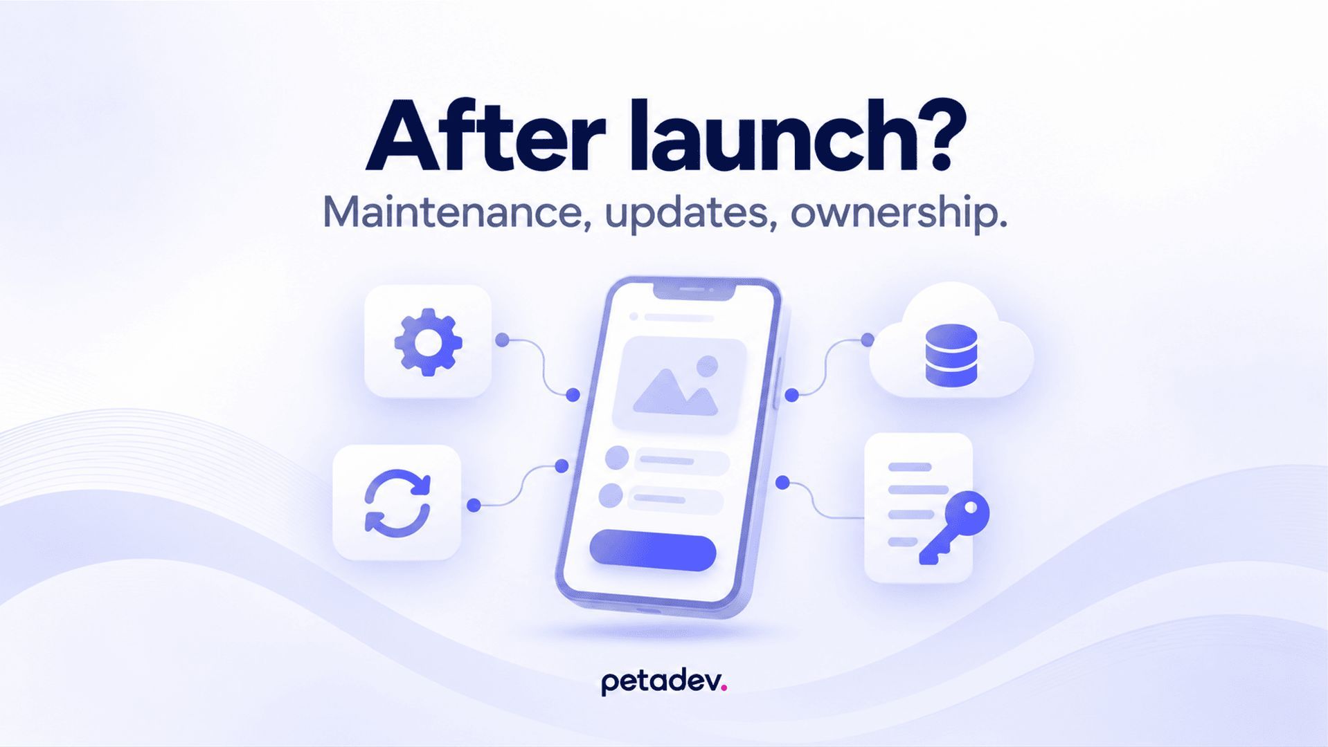 a phone, icons, text about mobile app maintenance, logo 