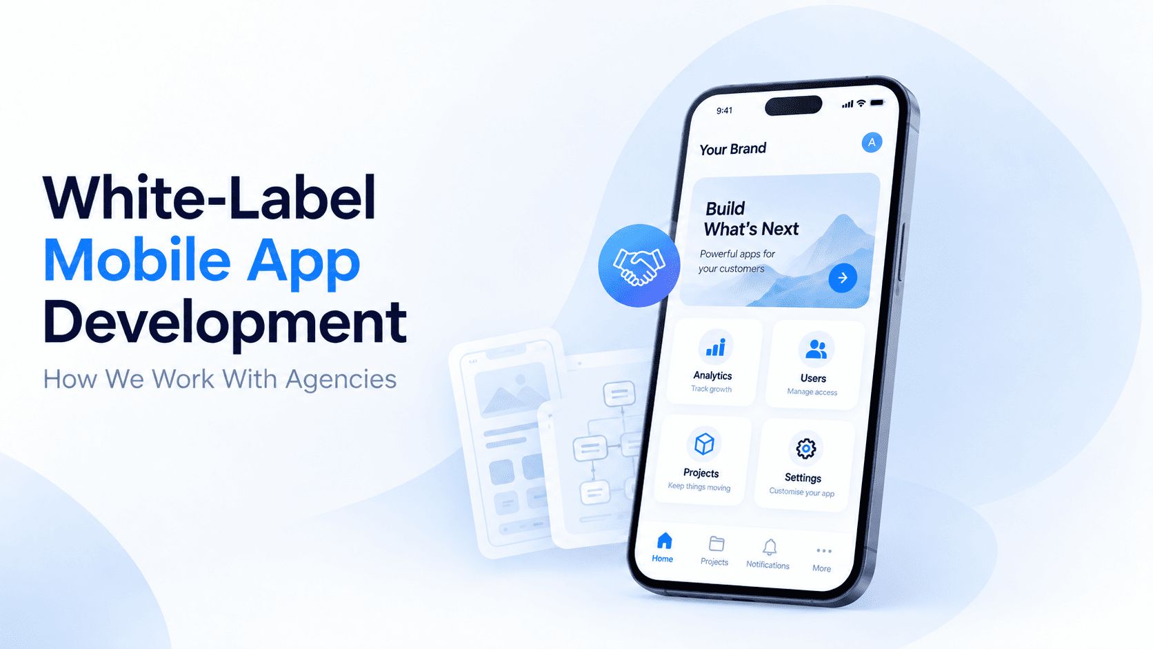 mobile phone, app, texts about white-label mobile app dev with agencies