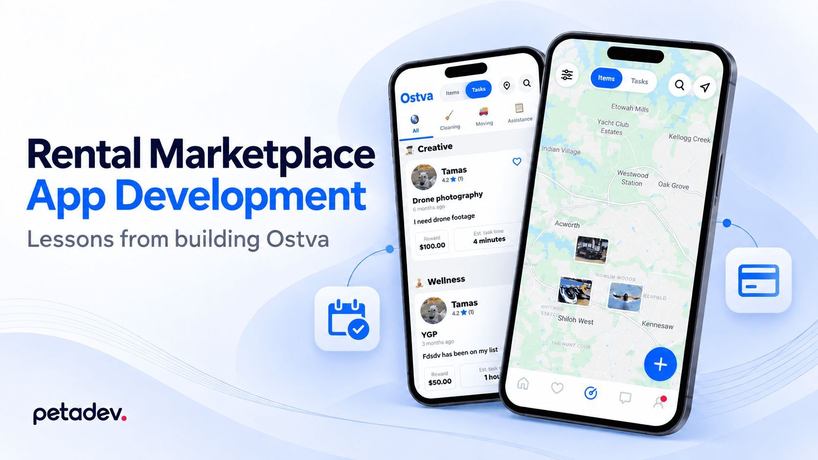 two iphones, rental marketplace app development , ostva, petadev logos